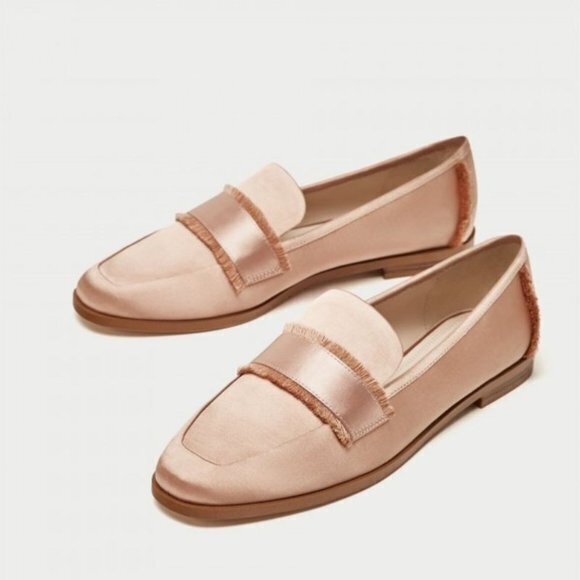 Zara Slip On Basic Satin Slip On Loafer Frayed Fringed Light Pink Womens… - Picture 3 of 11